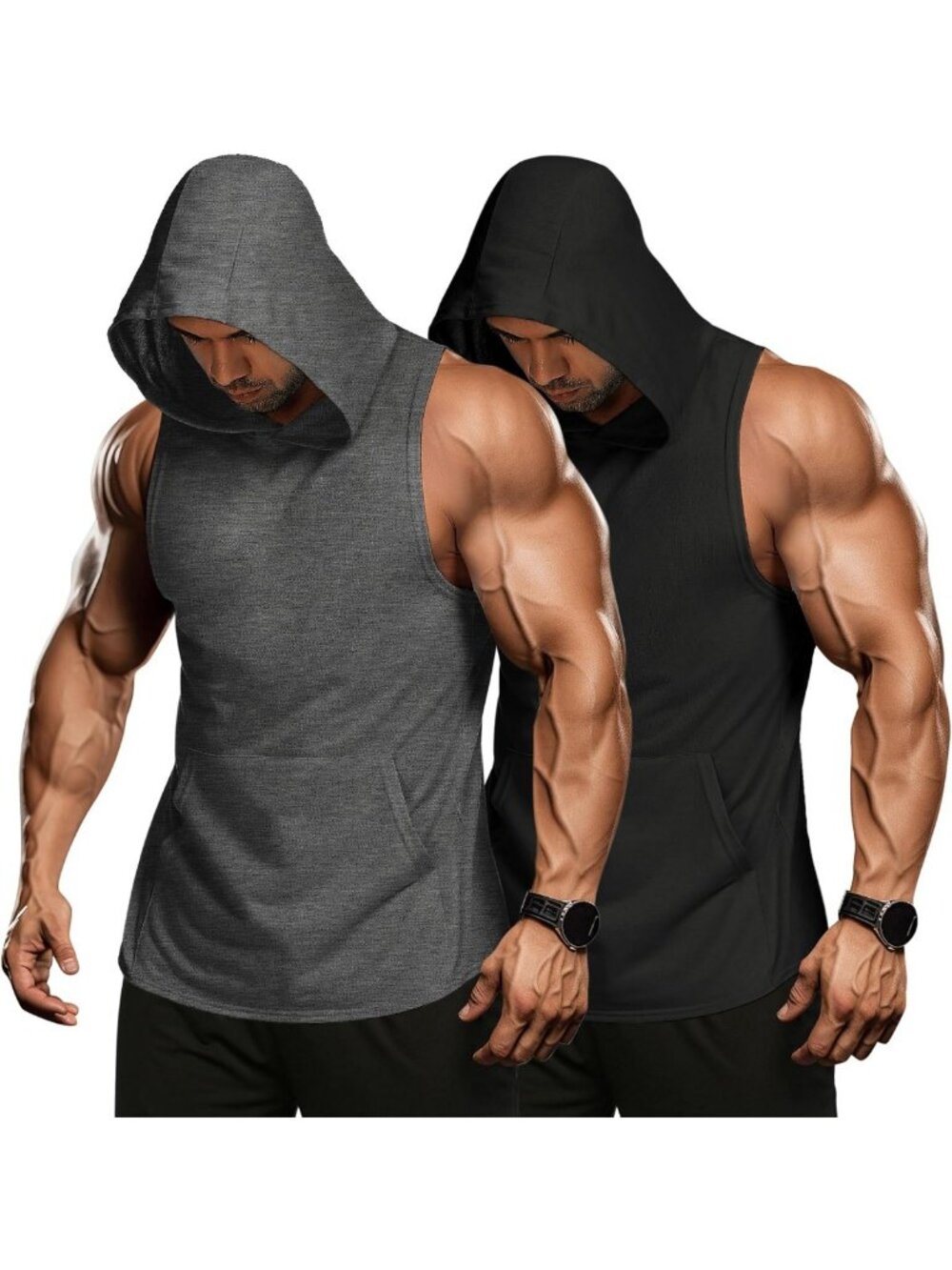 Men's 2-Pack Workout Hooded Tank Tops - Sleeveless Bodybuilding Gym Hoodies
